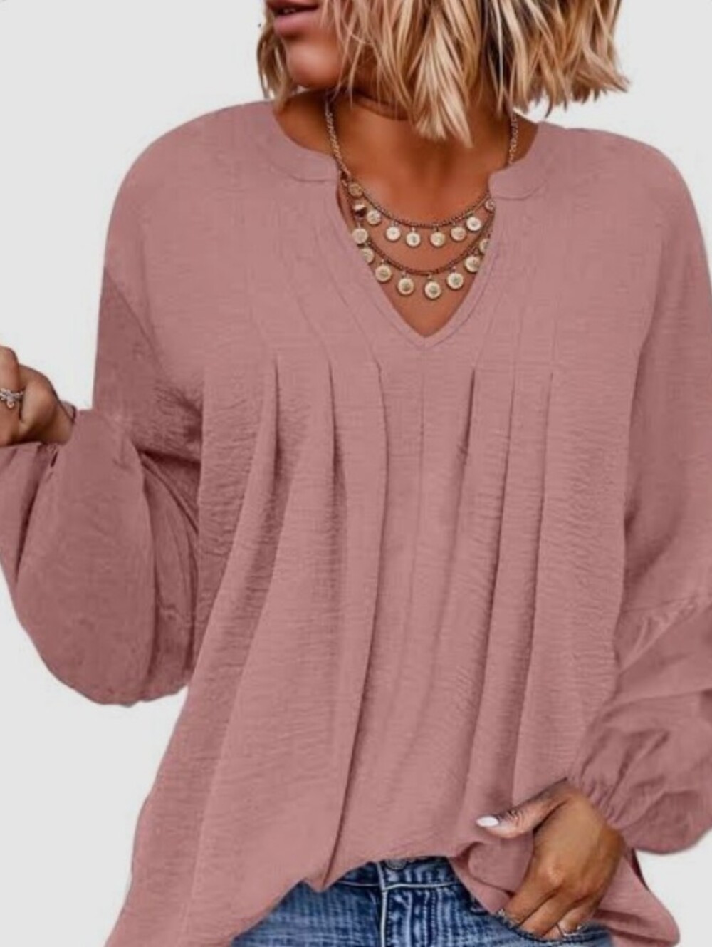Relaxed V-Neck Long Sleeve Top - Dusty Rose Size Large